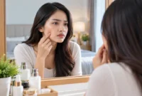 Ilustrasi seorang wanita mengamati kondisi pipinya di depan cermin. (Foto: AI Generated)