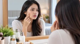 Ilustrasi seorang wanita mengamati kondisi pipinya di depan cermin. (Foto: AI Generated)