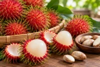 Ilustrasi rambutan dan bijinya. (Foto: AI Generated)