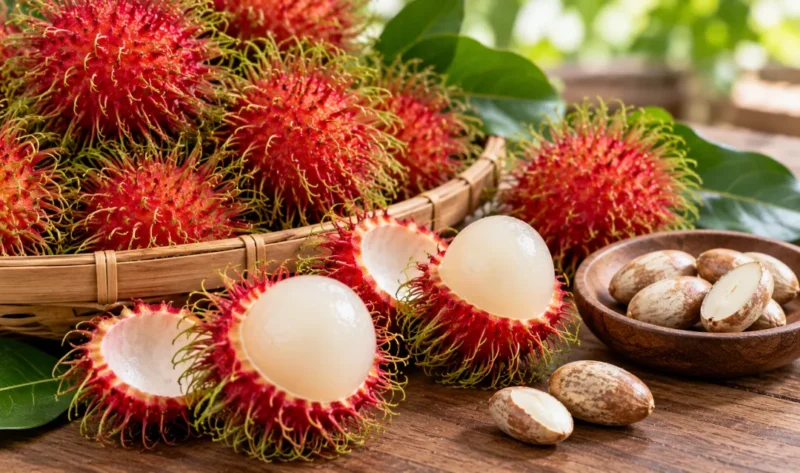 Ilustrasi rambutan dan bijinya. (Foto: AI Generated)