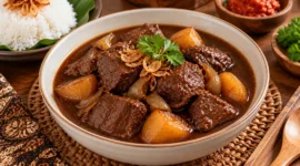 Ilustrasi semur daging sapi. (Foto: AI Generated)
