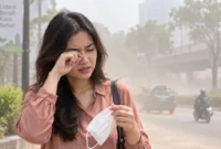Ilustrasi wanita mengucek matanya akibat iritasi dan paparan debu. (Foto: AI Generated)