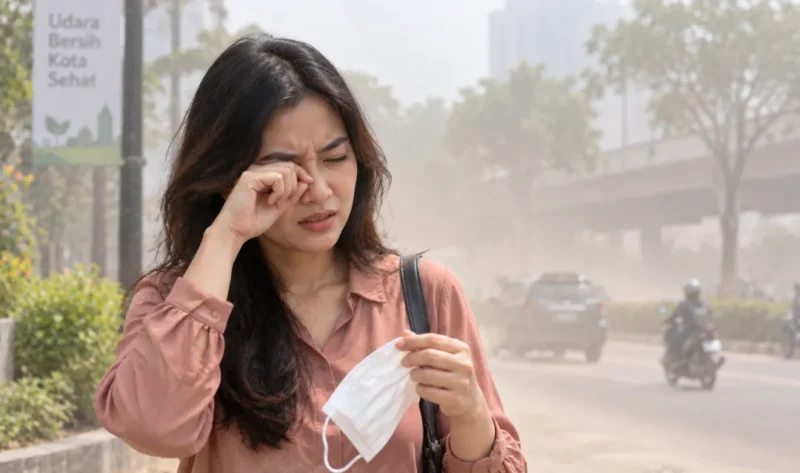 Ilustrasi wanita mengucek matanya akibat iritasi dan paparan debu. (Foto: AI Generated)