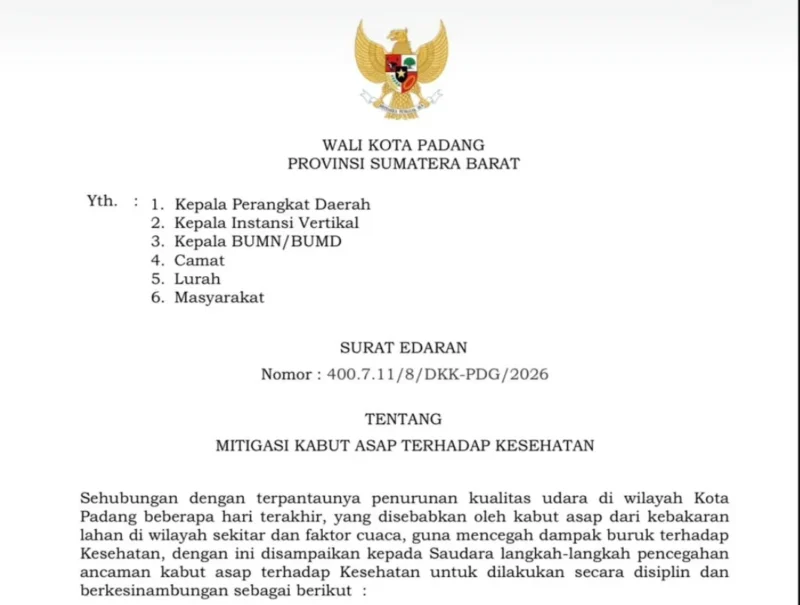 Wali Kota Padang Fadly Amran menerbitkan SE Mitigasi Kabut Asap menyusul menurunnya kualitas udara di Kota Padang. (Foto: Pemko Padang)