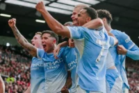 Pemain Manchester City merayakan gol ke gawang Manchester United di Old Trafford, Minggu (13/9). (Foto: Mancity)