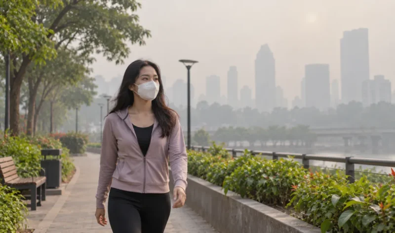 Ilustrasi wanita memakai masker. (Foto: AI Generated)
