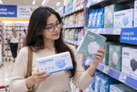 Ilustrasi wanita sedang memilih masker. (Foto: AI Generated)