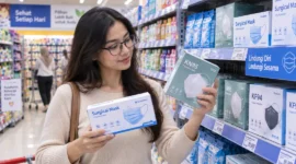 Ilustrasi wanita sedang memilih masker. (Foto: AI Generated)
