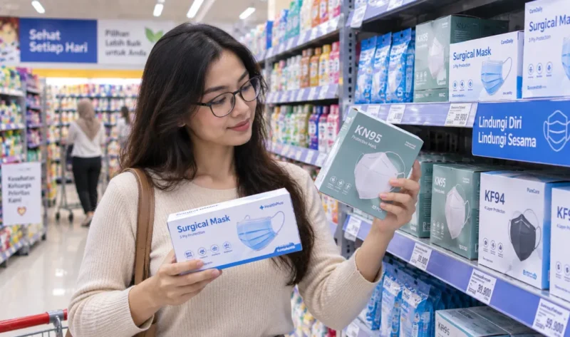 Ilustrasi wanita sedang memilih masker. (Foto: AI Generated)