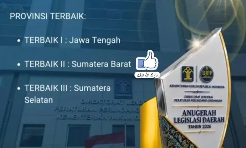 Pemprov Sumbar meraih Terbaik II Anugerah Legislasi Daerah 2026. (Foto: Adpsb)
