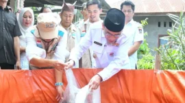 Wakil Wali Kota Padang, Maigus Nasir menebarkan bibit ikan saat meresmikan Kampung Budi Daya Ikan Air Tawar di kawasan Koto Parak, Jalan Djamaluddin Wak Ketok, Kelurahan Pisang, Kecamatan Pauh, Rabu (28/10/2026). (Foto: Pemko Padang)