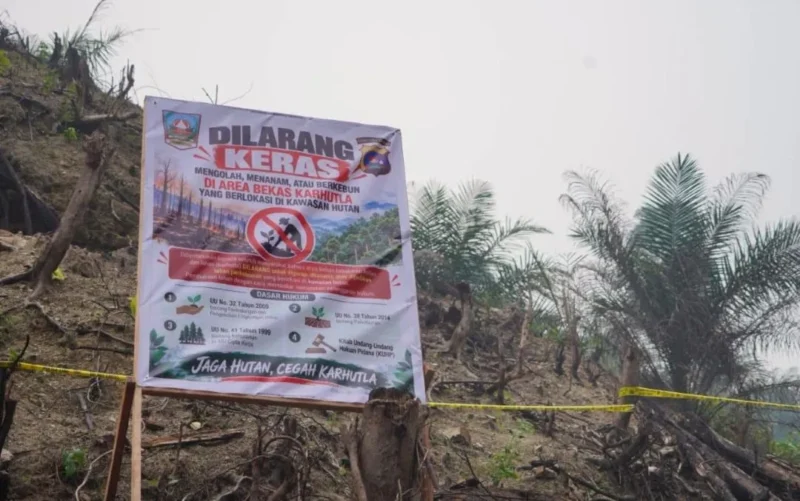 Polres Dharmasraya memasang garis polisi dan papan larangan di lahan bekas karhutla di Bukit Lantak, Tabek, Kecamatan Timpeh. (Foto: Diskominfo Dharmasraya)