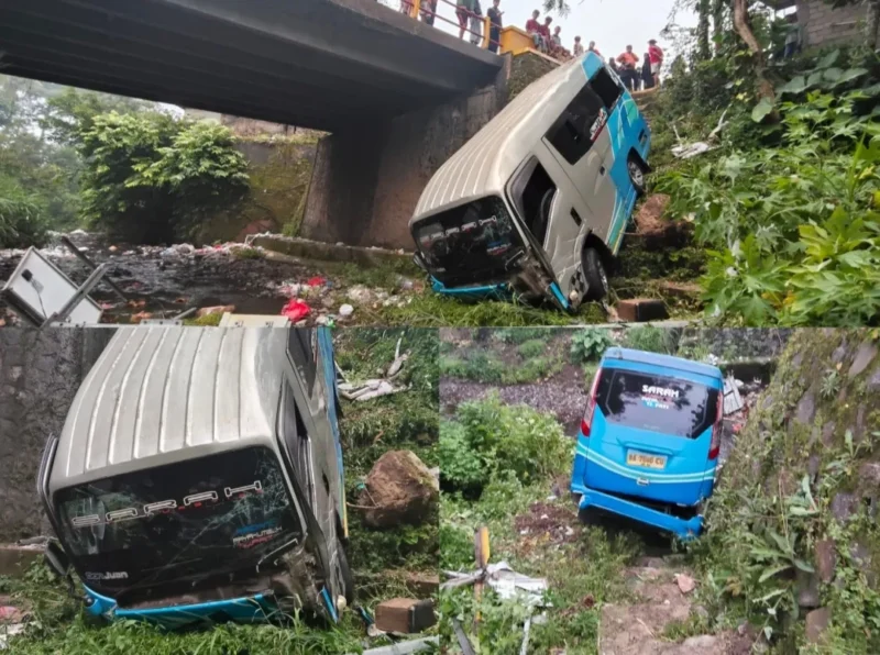 Bus angkutan Sarah hilang kendali dan masuk ke jurang di jembatan Ujung Guguk, Kecamatan Baso, Kabupaten Agam, Sabtu (17/10/2026). (Foto: Satlantas Polresta Bukittinggi)