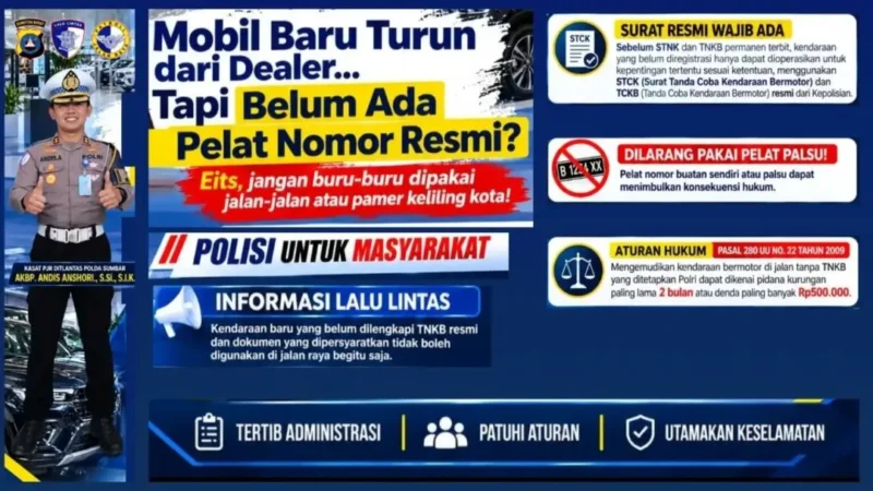 Ditlantas Polda Sumbar mengingatkan pemilik mobil baru agar tidak berkendara tanpa TNKB resmi. (Foto: Ditlantas Polda Sumbar)