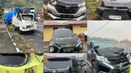 Tujuh kendaraan terlibat kecelakaan beruntun di Panyalaian, Tanah Datar. (Foto: Satlantas Polres Padang Panjang)