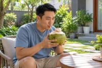 Ilustrasi mengonsumsi air kelapa. (Foto: AI Generated)
