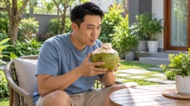 Ilustrasi mengonsumsi air kelapa. (Foto: AI Generated)
