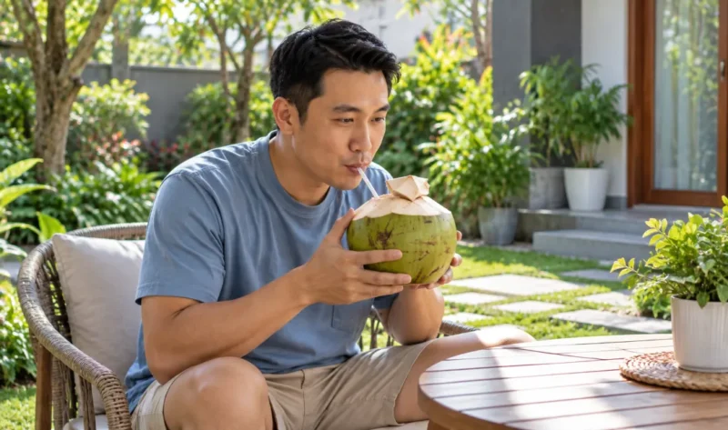 Ilustrasi mengonsumsi air kelapa. (Foto: AI Generated)
