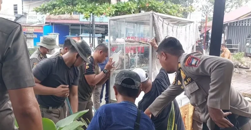 Petugas Satpol PP Padang menertibkan lapak PKL yang memakai fasilitas umum untuk berjualan, Selasa (27/10/2026). (Foto: Humas Satpol PP Padang)