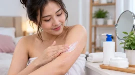 Ilustrasi seorang wanita sedang melakukan perawatan kulit. (Foto: AI Generated)