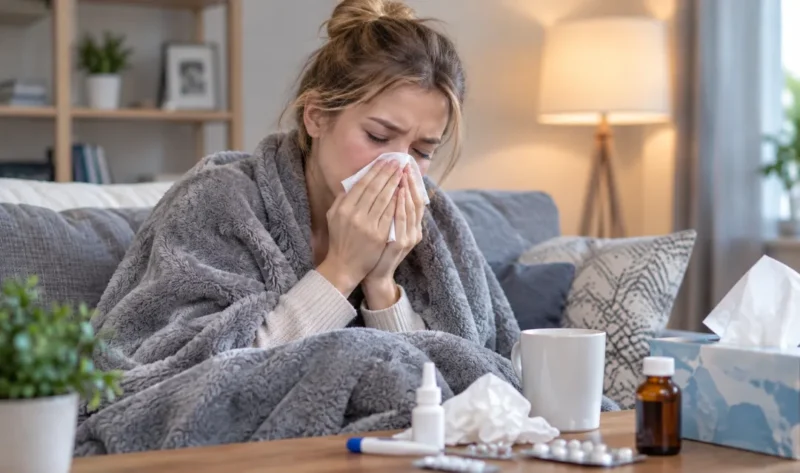 Ilustrasi wanita yang mengalami gejala flu. (Foto: AI Generated)