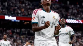 Pemain Real Madrid Yan Diomande merayakan gol ke gawang Villarreal dalam lanjutan Liga Spanyol, Minggu (11/10/2026). (Foto: IG @realmadrid)