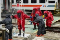 PT KAI Divre II Sumbar bersama Polda Sumbar menggelar simulasi latihan gabungan penanganan aksi teror pada moda transportasi kereta api di Stasiun Padang, Kamis (1/10/2026). (Foto: KAI Divre II Sumbar)